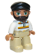 Minifig No: 47394pb308  Name: Duplo Figure Lego Ville, Male, Tan Legs, White Top with Stripes, Black Cap, Dark Brown Beard