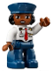 Minifig No: 47394pb320  Name: Duplo Figure Lego Ville, Female Pilot, Dark Blue Legs, White Top with Red Tie, Dark Blue Hat with Black Hair