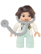 Minifig No: 47394pb329  Name: Duplo Figure Lego Ville, Female Medic, Light Aqua Legs, White Top with ID Badge, White Arms, Dark Brown Hair, Attached Stethoscope (6374984)