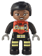 Minifig No: 47394pb330  Name: Duplo Figure Lego Ville, Female Firefighter, Black Legs with Reflective Stripes, Red Vest with Silver Fire Badge and Radio, Black Hair, Brown Eyes