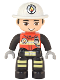 Minifig No: 47394pb331  Name: Duplo Figure Lego Ville, Male Firefighter, Black Legs with Reflective Stripes, Red Vest with Silver Fire Badge and Radio, Light Nougat Face, White Helmet with Fire Badge