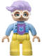 Minifig No: 47394pb341  Name: Duplo Figure Lego Ville, Female, Bright Light Yellow Legs, Bright Light Blue Jacket, Medium Lavender Cat Shirt, White Glasses, Lavender Hair (6444490)