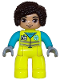 Minifig No: 47394pb348  Name: Duplo Figure Lego Ville, Female Garbage Worker, Neon Yellow Uniform, Medium Azure Shirt, White Name Badge and Recycle Logo, Dark Brown Hair (6446215)