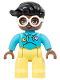Minifig No: 47394pb352  Name: Duplo Figure Lego Ville, Female, Bright Light Yellow Legs, Medium Azure Hoodie Shirt, White Glasses, Black Hair (6446173)