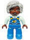 Minifig No: 47394pb357  Name: Duplo Figure Lego Ville, Female, Blue Legs with Overalls, Bee and Daisy, Light Bluish Gray Hair (6469007)
