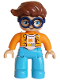 Minifig No: 47394pb368  Name: Duplo Figure Lego Ville, Male, Medium Azure Legs, Orange Plaid Jacket over White Shirt with Silver Buttons, Yellow Collar and Pocket, Bricks Pattern, Reddish Brown Hair, Attached Dark Blue Glasses (6491600 / 6569839)