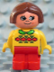 Minifig No: 4943pb006  Name: Duplo Figure, Child Type 1 Girl, Red Legs, Yellow Top with Green Collar, Brown Hair