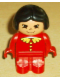 Minifig No: 4943pb007  Name: Duplo Figure, Child Type 1 Girl, Red Legs, Red Top with Yellow Buttons and Collar, Black Hair, Eyelashes, Grin