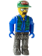 Minifig No: 4j003a  Name: Construction Worker with Blue Shirt, Green Vest and Cap with the Word 'Brick', Sunglasses and Moustache