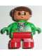 Minifig No: 6453pb008  Name: Duplo Figure, Child Type 2 Boy, Red Legs, Green Top with Sun Pattern Shirt, Brown Hair