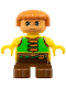 Minifig No: 6453pb009  Name: Duplo Figure, Child Type 2 Boy, Brown Legs, Green Vest with Brown Straps and Belt with Sash