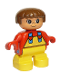 Minifig No: 6453pb011  Name: Duplo Figure, Child Type 2 Girl, Yellow Legs, Red Top with Yellow Overalls and Hearts on Straps