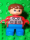 Minifig No: 6453pb012  Name: Duplo Figure, Child Type 2 Boy, Blue Legs, Red Top with Dark Gray Shirt, Brown Hair