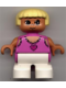 Minifig No: 6453pb017  Name: Duplo Figure, Child Type 2 Girl, White Legs, Dark Pink Lace Tank Top with Heart, Yellow Hair