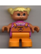 Minifig No: 6453pb020  Name: Duplo Figure, Child Type 2 Girl, Orange Legs, Dark Pink Top with Orange Overalls with Flower, Yellow Hair Pigtails