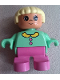 Minifig No: 6453pb029  Name: Duplo Figure, Child Type 2 Girl, Dark Pink Legs, Medium Green Top with Buttons and Collar, Light Yellow Hair