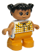 Minifig No: 6453pb035  Name: Duplo Figure, Child Type 2 Girl, Medium Orange Legs, Checkered Blouse, Black Hair Pigtails