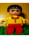 Minifig No: 6453pb042  Name: Duplo Figure, Child Type 2 Girl, Red Legs, Yellow Sweater, Black Hair, Glasses