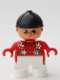 Minifig No: 6453pb046  Name: Duplo Figure, Child Type 2 Girl, White Legs, Red Top with White Flowers, Black Riding Hat