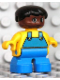 Minifig No: 6453pb048  Name: Duplo Figure, Child Type 2 Boy, Blue Legs, Yellow Top with Blue Overalls, Black Hair, Brown Head