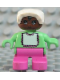 Minifig No: 6453pb050  Name: Duplo Figure, Child Type 2 Baby, Dark Pink Legs, Light Green Top with White Bib with Dark Pink Lace, White Bonnet