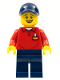 Minifig No: LLP019  Name: LEGOLAND Park Worker Male, Smiling, Dark Blue Hat, Red Polo Shirt with 'LEGOLAND' on Back and Dark Blue Legs