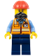 Minifig No: adp059  Name: Construction Worker - Male, Orange Safety Vest with Reflective Stripes, Dark Blue Legs, Red Construction Helmet, Black Bandana