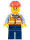 Minifig No: adp061  Name: Construction Worker - Male, Orange Safety Vest with Reflective Stripes, Dark Blue Legs, Red Construction Helmet, Large Grin
