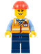 Minifig No: adp062  Name: Construction Worker - Female, Orange Safety Vest with Reflective Stripes, Dark Blue Legs, Red Construction Helmet (Crane Operator)