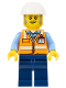 Minifig No: adp063  Name: Construction Foreman - Male, Orange Safety Vest with Reflective Stripes, Dark Blue Legs, White Construction Helmet