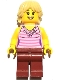 Minifig No: adp071  Name: Girlfriend - Dark Pink Striped Top, Dark Red Legs, Tan Tousled Hair