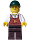 Minifig No: adp111  Name: Bakery / Boulangerie Owner - Reddish Brown Apron with Cup and Name Tag, Dark Brown Legs, Dark Green Cap