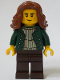 Minifig No: adp116  Name: General Store Customer - Female, Dark Green Open Jacket, Dark Brown Legs, Reddish Brown Hair