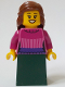 Minifig No: adp118  Name: General Store Customer - Female, Dark Pink Sweater, Dark Green Skirt, Reddish Brown Hair