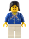 Minifig No: air021  Name: Airport - Blue with Scarf, Black Female Hair, Wide Smile and Eyebrows