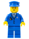 Minifig No: air046b  Name: Airport - Blue 3 Button Jacket and Tie, Blue Hat, Blue Legs, Reddish Brown Eyebrows