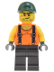 Minifig No: bdp021  Name: Skyline Express Man - Orange Shirt with Suspenders, Pearl Dark Gray Legs, Dark Green Cap