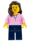 Minifig No: bdp035  Name: Female, Bright Pink Top, Dark Blue Legs, Dark Brown Hair