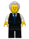 Minifig No: bdp040  Name: Receptionist, Male, Black Vest with Blue Striped Tie, Black Legs, Light Bluish Gray Hair