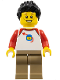 Minifig No: bdp067  Name: Son - Classic Space Shirt with Red Sleeves, Dark Tan Legs, Black Spiked Hair