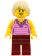 Minifig No: bdp071  Name: Woman - Dark Pink Striped Top, Dark Red Legs, Tan Tousled Hair