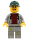 Minifig No: bdp072  Name: Mechanic - Male, Light Bluish Gray Hoodie, Light Bluish Gray Legs with Paint Splotches, Dark Green Cap