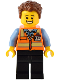 Minifig No: bdp082  Name: Train Driver - Male, Orange Safety Vest with Reflective Stripes, Black Legs, Reddish Brown Hair