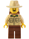 Minifig No: bdp084  Name: Traveler - Male, Tan Shirt, Reddish Brown Legs, Reddish Brown Backpack, Tan Fedora Hat