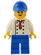 Minifig No: bdp089  Name: Hot Dog Stand Manager - White Torso with 8 Buttons, No Wrinkles Front or Back, Blue Legs, Blue Cap