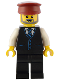 Minifig No: bdp090  Name: Station Master - Black Vest with Blue Striped Tie, Black Legs, Dark Red Hat, Beard