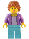 Minifig No: bdp091  Name: Traveler - Female, Medium Lavender Jacket, Medium Azure Legs, Dark Orange Hair