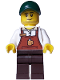 Minifig No: bdp111  Name: Bakery / Boulangerie Owner - Reddish Brown Apron with Cup and Name Tag, Dark Brown Legs, Dark Green Cap