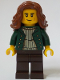 Minifig No: bdp116  Name: General Store Customer - Female, Dark Green Open Jacket, Dark Brown Legs, Reddish Brown Hair