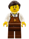 Minifig No: bdp132  Name: Barkeeper - Female, Reddish Brown Apron with Cup and Name Tag, Reddish Brown Legs, Dark Brown Hair Ponytail and Swept Sideways Fringe